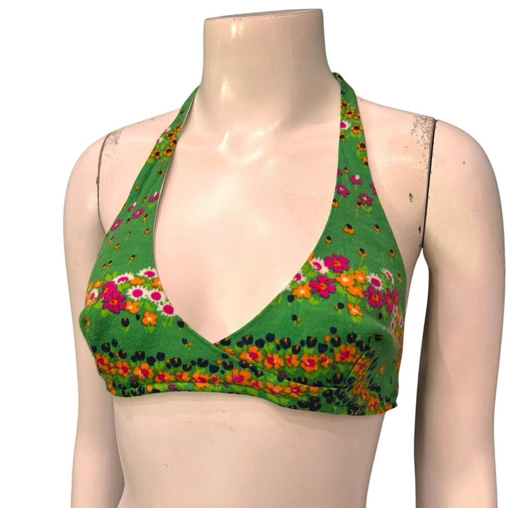 Vintage 70s Day-Glo Floral Halter Bikini Swim Top 9/10 M L Psychedelic Boho -